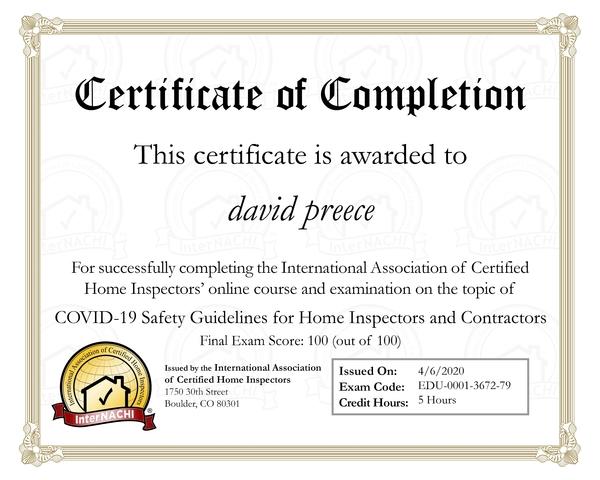 David Preece Completed the COVID-19 Safety Guidelines for Home Inspectors...