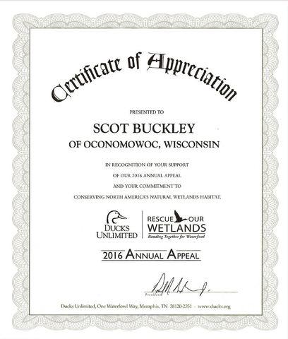 2016 Ducks Unlimited Certificate of Appreciation